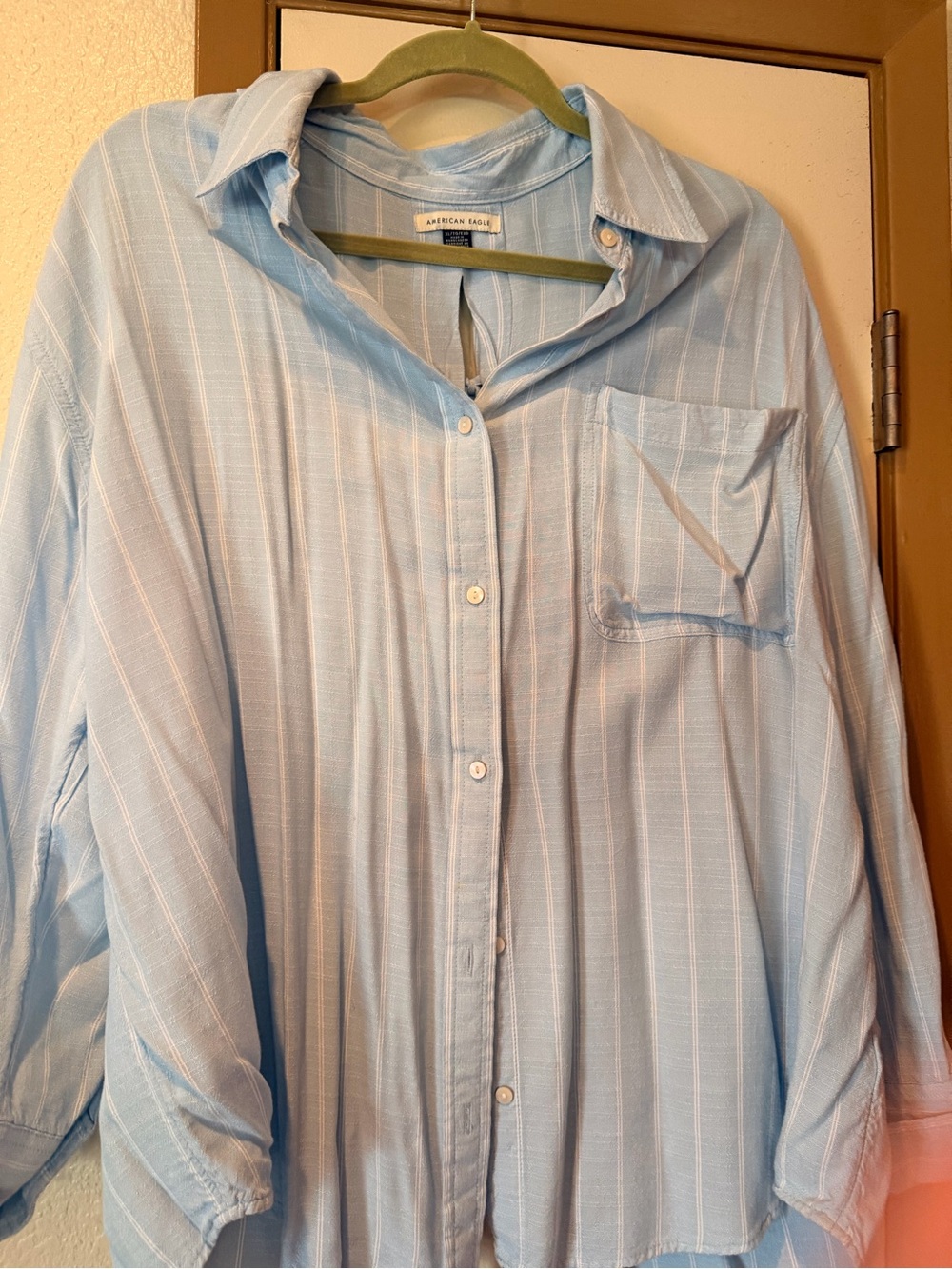 American Eagle Outfitters Pale Blue Striped Casual Button-Down Shirt
